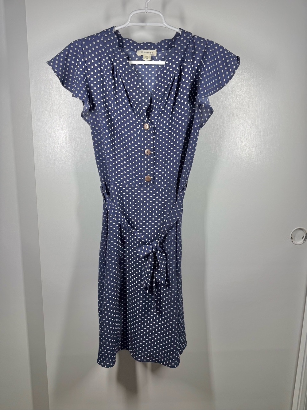 Monteau Navy Polka Dot Flutter Sleeve Tie Waist Dress - Picture 2 of 12